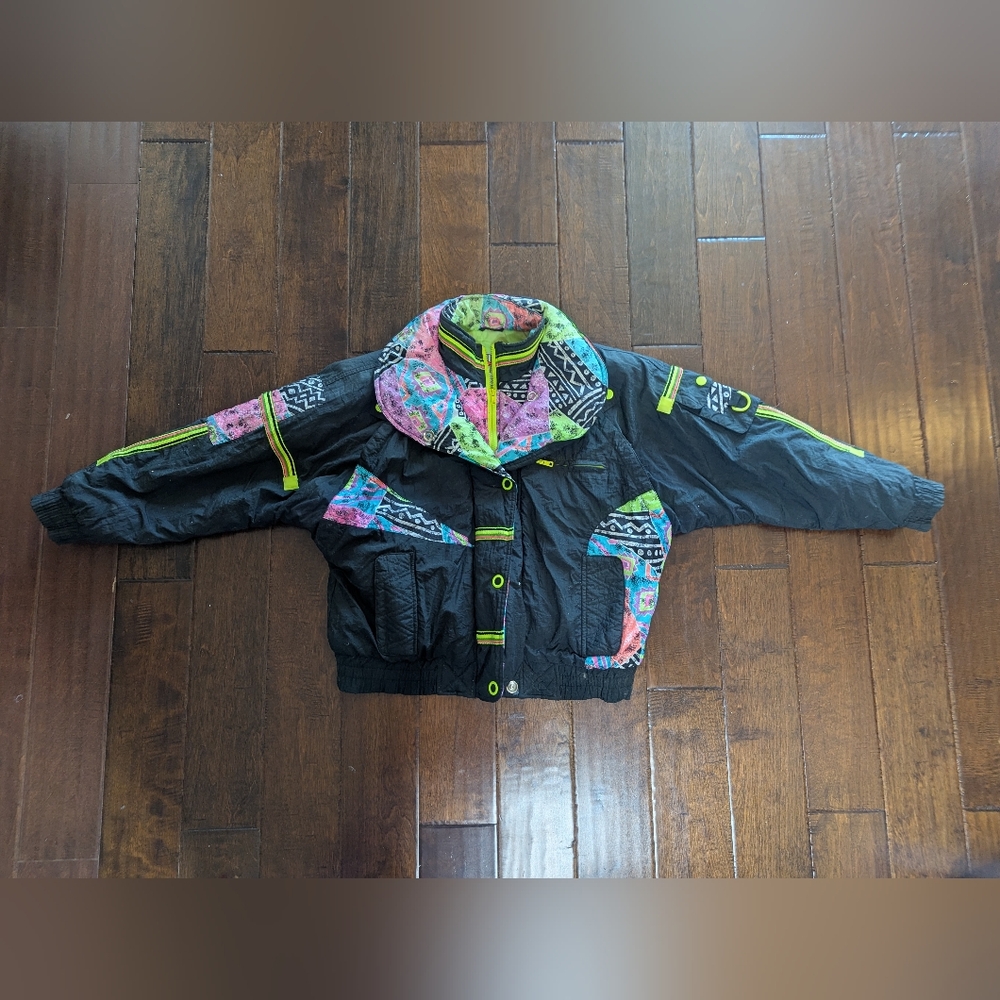 East West Jacket Adult Size Small Black Neon RAD 80s Vintage Ski Streetwear